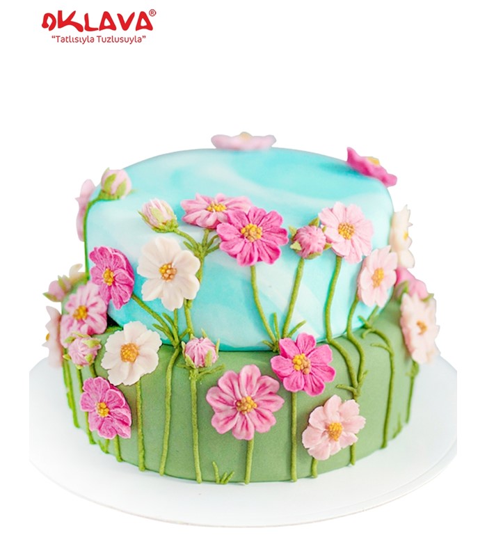 çiçekli pasta, sevgililere pasta, renkli çiçekler