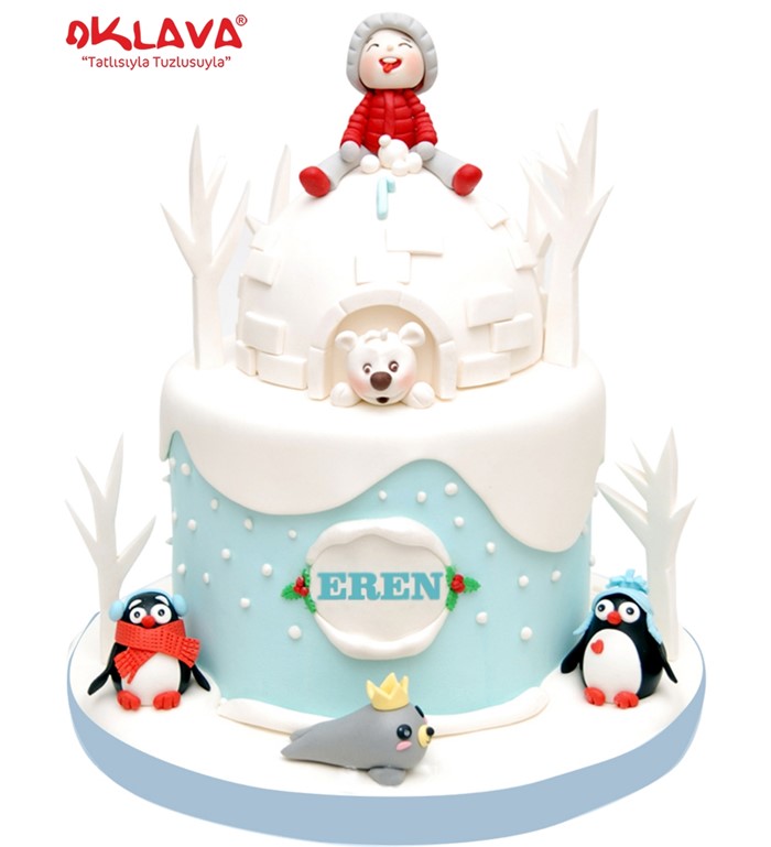 kış doğum günü, kış pastası, penguenli pasta, özel pasta